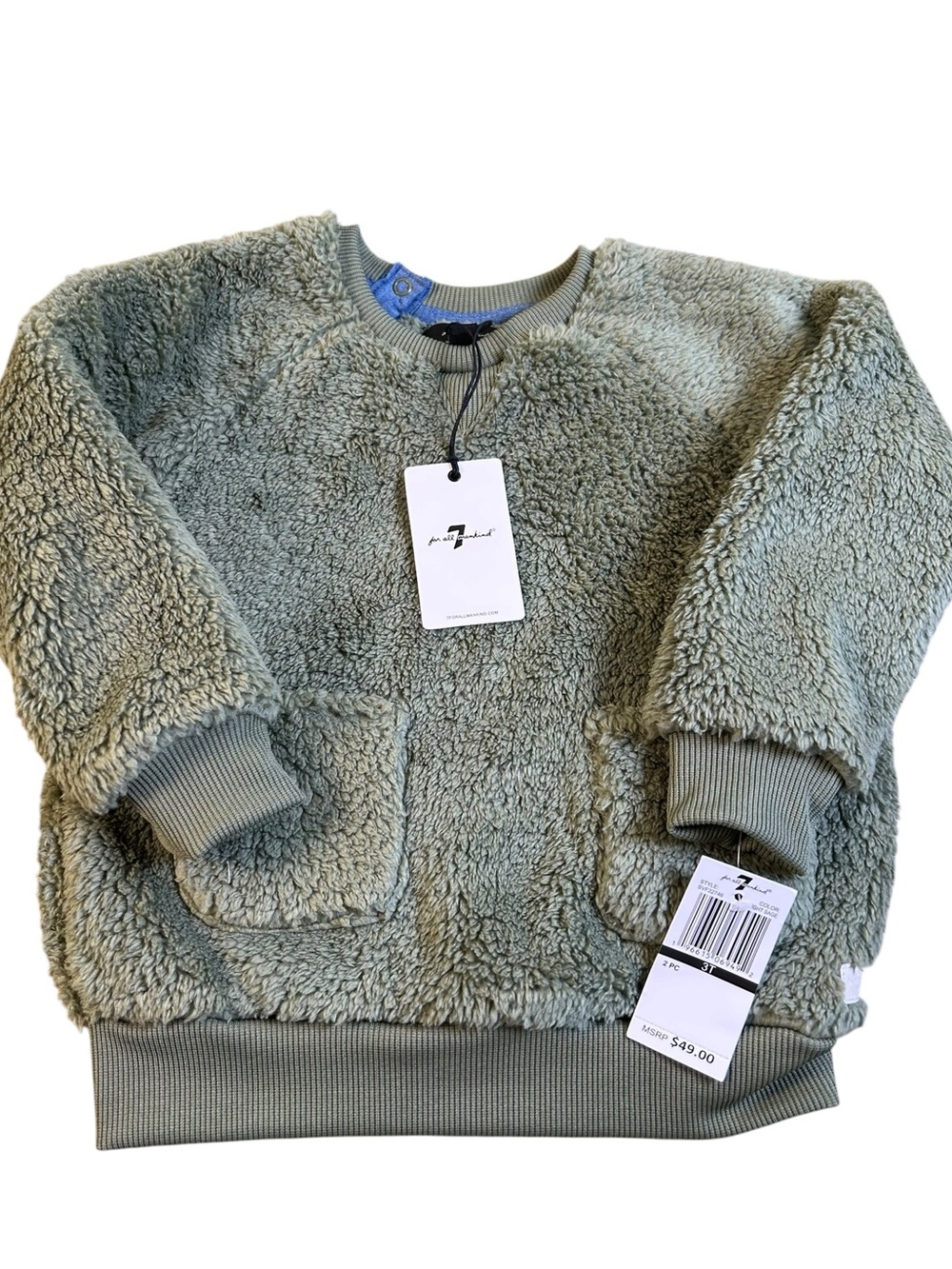 7 FOR ALL MANKIND NWT Toddler Sherpa Pullover Sweatshirt Light Sage 3T NEW